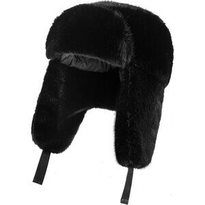 Unisex Black Trapper Hat with Ear Flaps Winter Russian Style Windproof